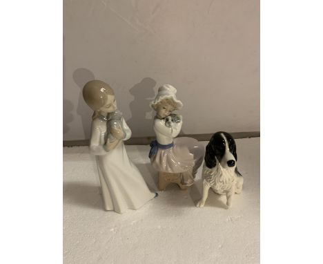 TWO NAO FIGURINES OF GIRLS WITH PUPPIES AND A JOHN BESWICK COLLIE DOG (A/F) 