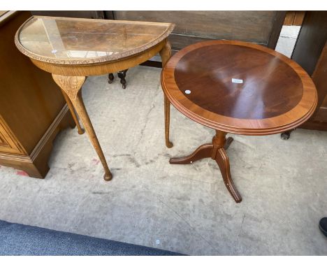 A YEW WOOD TRIPOD TABLE AND DEMI-LUNE TABLE 