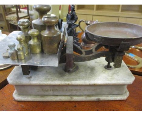 A vintage Bartlett's London Balance scales having a marble base, together with a quantity of weights 