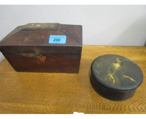 A 19th century mahogany tea caddy, and a 19th century paperwork box, the lid decorated with a portrait of a lady 
