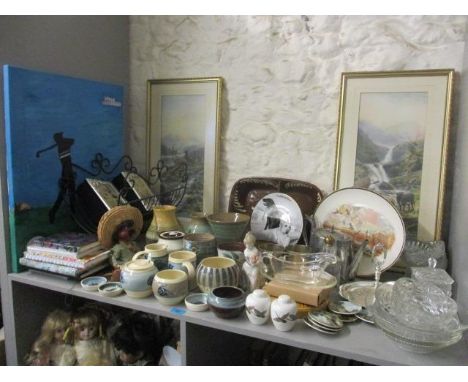 Mixed studio pottery, vintage prints, a metal magazine rack and miscellaneous ornaments 