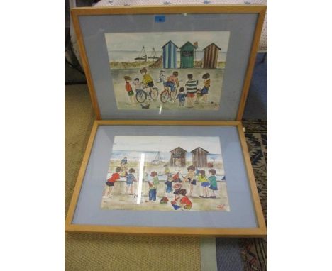 A pair of watercolours depicting children playing on the beach with beach huts in the background, signed S.M. in the far righ
