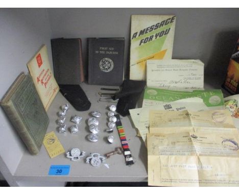 A quantity of St John's Ambulance buttons, badges, lapels, a vintage bus ticket and other items to include vintage telegrams 