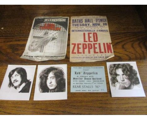 A Led Zeppelin concert ticket, two Led Zeppelin flyers Circa 1971 and three photos of the band 