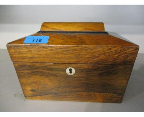 A Sarcophagus formed rosewood tea caddy with mother of pearl escutcheon 6"h x 8"w 
