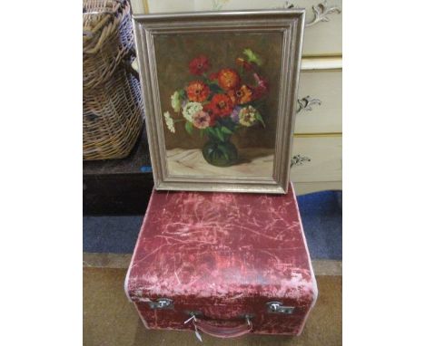 A vintage red leather suitcase and a still life oil on board, unsigned 