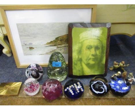 Seven late 20th century glass paperweights to include Caithness, mixed ornaments, two prints and a vintage compact 