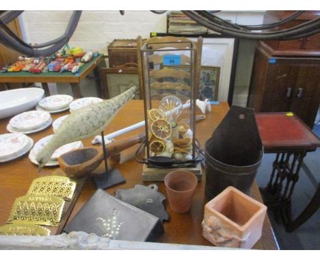 Decorative household items to include a metal wall hanging candle holder, and a vintage letter rack 