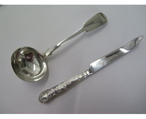 A silver ladle - Length 18cm - approx 2.2 troy oz and a silver handle cheese knife 