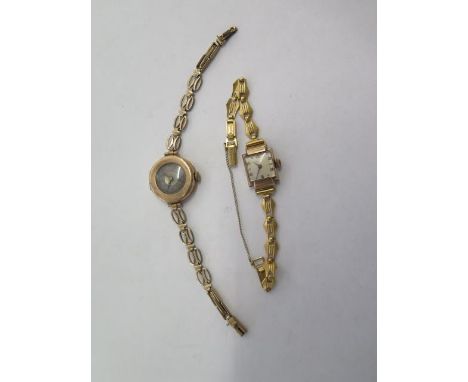 Two 9ct yellow gold manual wind ladies wristwatches on plated bracelet straps - not running - total weight approx 32 grams 