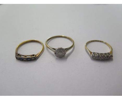 Three 18ct yellow gold rings, 2 set with small diamonds ring sizes L, N, R - total weight approx 5.7 grams - some general wea