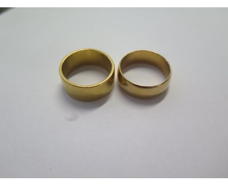 Two yellow gold band rings sizes R and S - 9mm and 7mm band - both test to approx 18ct - old test marks to both - approx tota