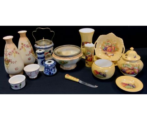 Ceramics - Pair of crown ducal vases, Victorian tea caddy, Aynesly ware; etc 