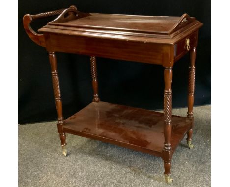 A Reproduction mahogany butlers tray table trolley, lift-off tray top, frieze drawers to both ends, turned handle and support