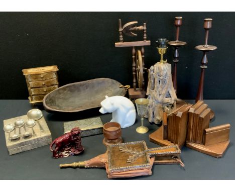 Boxes and Objects - a papier mache box; a miniature giltwood commode; a sculptural driftwood table lamp; a miniature spinning