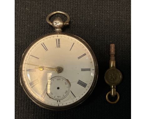 A silver open face pocket watch, white enamel dial, roman numerals, subsidiary dial, vacant cartouche to verso, London 1916, 