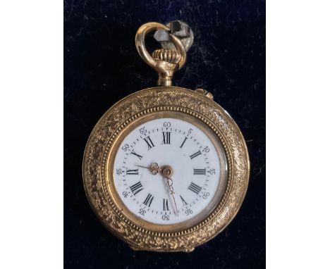 A continental 15ct gold enamelled fob watch, white dial, Roman numerals, ornate hands, floral case with creamy white reverse 