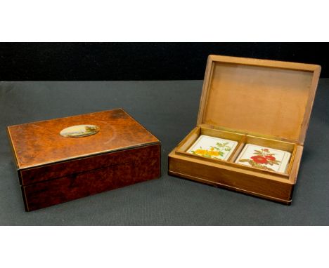 A Continental amboyna cigar box, hinged cover mounted with a topographical miniature; an Italian playing card box (2) 