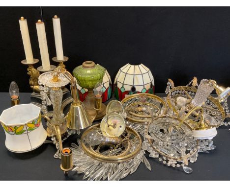 Light fittings - A set of four contemporary chandelier lights ; pair of tiffany style red and green wall shades; oil lamp;etc