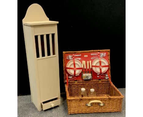 A French Bread box, slated top, base drawer, 98cm high, 26cm wide, 21cm deep;  A Sirram Wicker cased Picnic set, for two (2) 