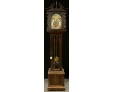 A reproduction oak longcase clock, made by Emperor, sun/moon phase, silvered chapter ring with Roman numerals, brass weights,