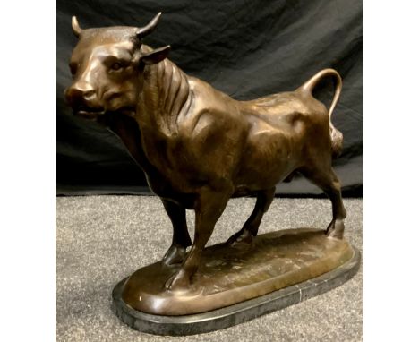 After Isidore Jules Bonheur, a dark patinated bronzed model of a prize fighting bull, oval marble plinth base, 55cm overall, 