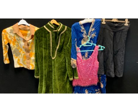 Fashion &amp; Textiles - 1960s inc Biba black skirt, sixe approx 6/8,  green Kaftan dress another blue and floral,  vibrant o