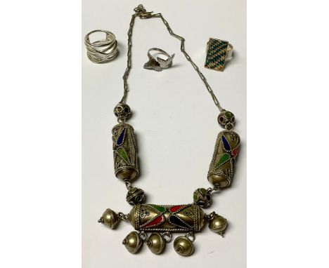 A silver coloured metal and enamel necklace; a silver coloured metal ring; other similar (4) 