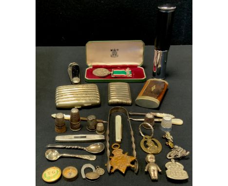 A silver plated cigarette case; a snuff box; a pair of silver plated sugar bows; mother of pearl fruit knife; thimble; servic