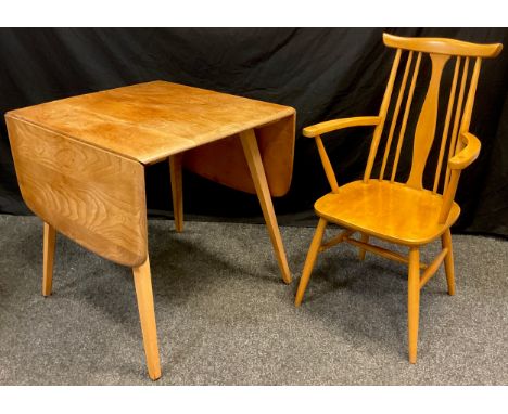 An Ercol Elm drop-leaf Kitchen / Dining table, 72cm high x 75cm x 63cm (136.5cm with leaves extended);  a single Ercol style 