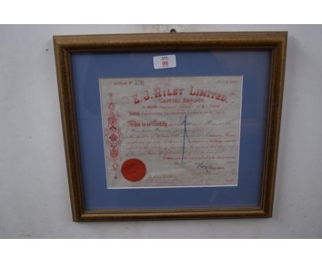 E J Riley Ltd, Share certificate for 1000 shares, no 106, dated 18th June 1908, f/g, 40cm wide