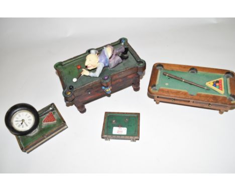 Mixed Lot comprising a novelty money box formed as a snooker table, novelty desk clock mounted on a snooker table, small meta