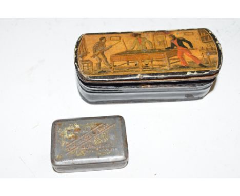 Small 19th century black papier mache snuff box, the lid decorated with a printed scene of billiard players together with fur