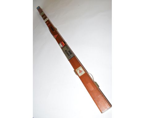 Single piece cue, the stem inlaid with mother of pearl and metal work detail with a hardwood travel case marked 'Supplied by 
