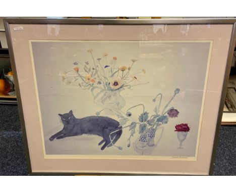Lithograph print, titled 'Cat &amp; Flowers', [Elizabeth Blackadder], [Frame-80x98cm] 