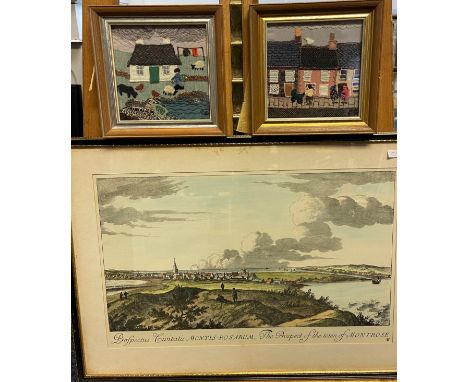Antique coloured print titled 'The Prospect of the Town of Montrose' together with two fabric artworks by Carola Gordon 'Crof