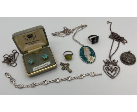 A Selection of silver jewellery to include Birmingham silver and Enamel flower pendant and chain &amp; John Hart Iona Edinbur