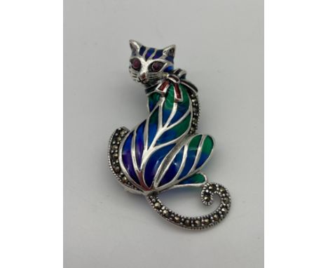 A Silver 925 Plique a jour cat brooch/ pendant with ruby eyes. [4.6cm in length] 