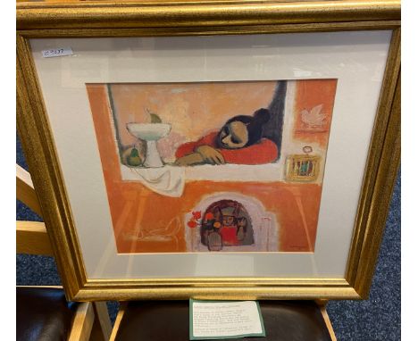 Lithograph print, depicting lady resting at window,  [Alberto Morocco], [1917-1998], [Frame-50x53cm] 