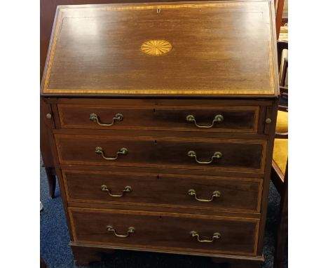 Edwardian writing bureau, the drop front opening to a writing surface and interior filing shelving, above four graduating dra