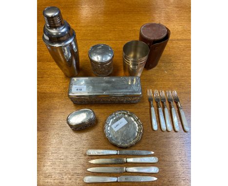 A Selection of Danish silver dressing table items to include small card tray, Sheffield silver and mother of pearl fork and k