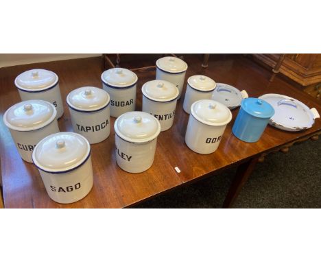 Set of vintage lidded enamel kitchen pots 