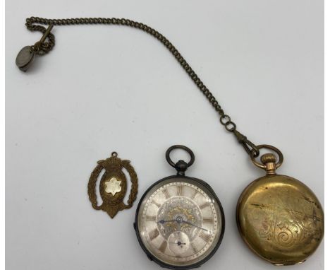 Antique silver pocket watch together with Elgin pocket watch and albert chain. 