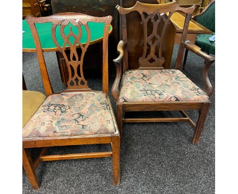 Georgian Chippendale chair, pierced splat back above open outswept arm rests and cushioned seat, raised on square legs, toget