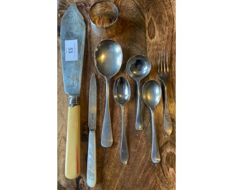 A Selection of Sheffield and London silver flatwares includes Napkin ring, desert fork and spoon, mother of pearl handle knif