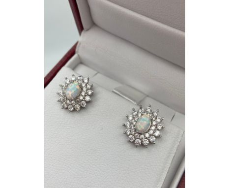 A Pair of silver 925 CZ &amp; Opal panelled stud earrings. 