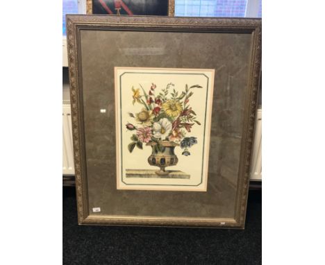 A 20th century coloured print of an ornate urn filled with various species of flowers. [Gilt frame- 103x88cm] 