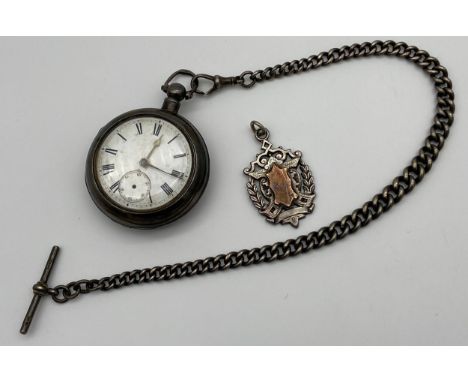 Antique Chester silver pocket watch, Chester silver watch protector, silver albert chain and Birmingham silver fob medal, [Ru