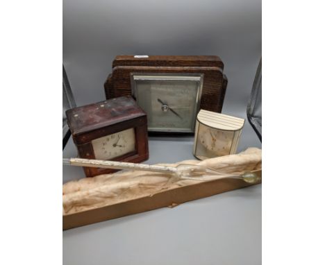 Mixed lot; Hydrometer with box, leather cased with antique brass carriage clock, barometer and one other 