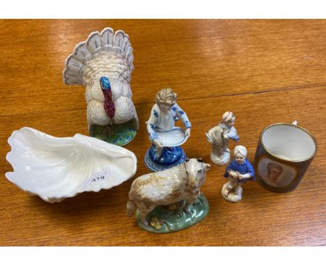 A Selection of collectable porcelain to include KPM figures, French servres hand painted lady portrait cup, German blue and w